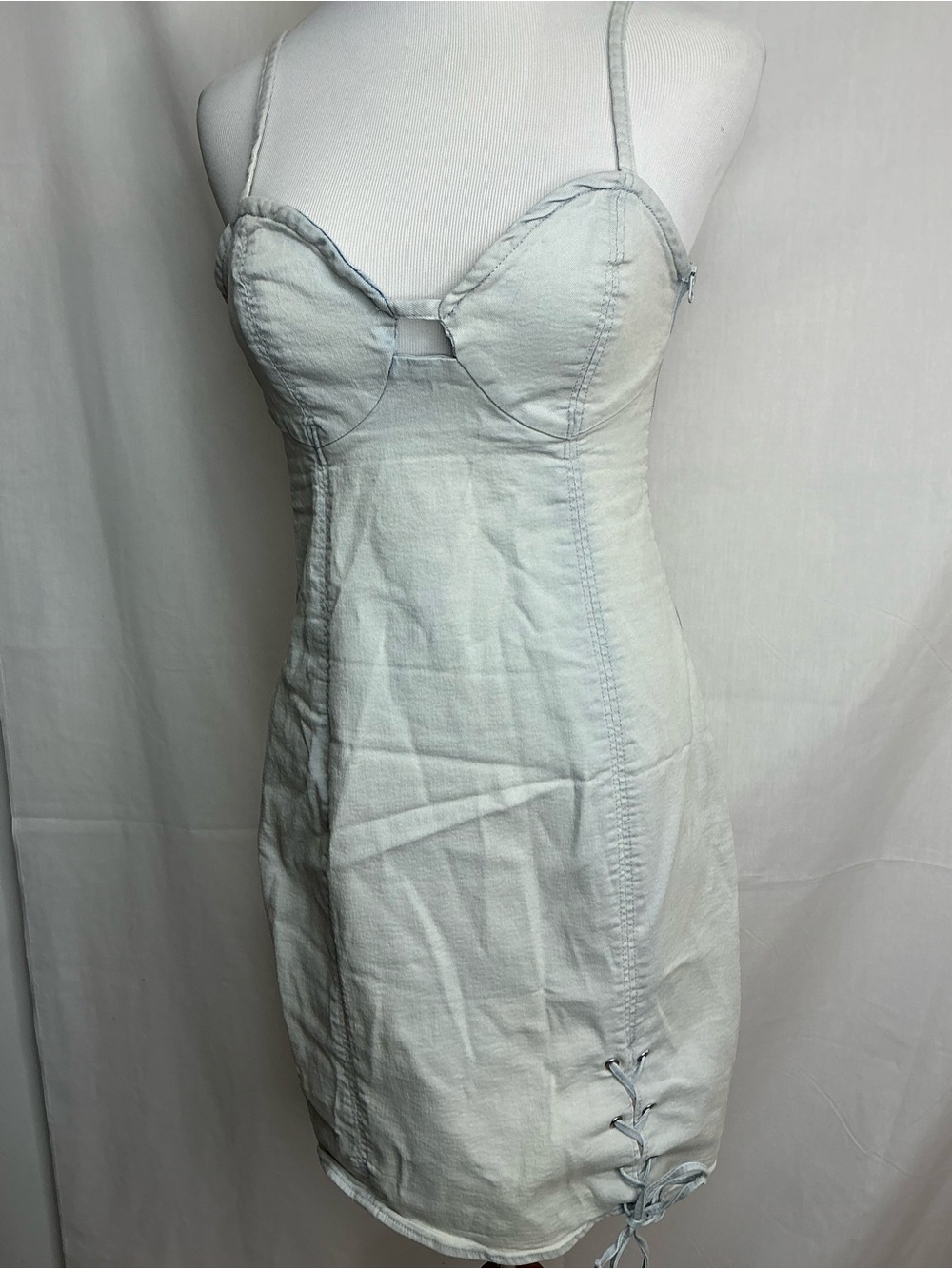 2220 - Divided Pale Blue Spaghetti Strap Slip Dress with Lace-Up Hem Detail